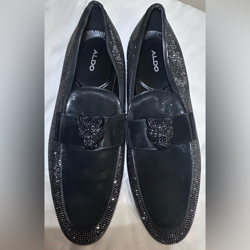 Aldo Black Regalo Dress Loafers Sparkling Silver Rhinestone Trim:Unisex